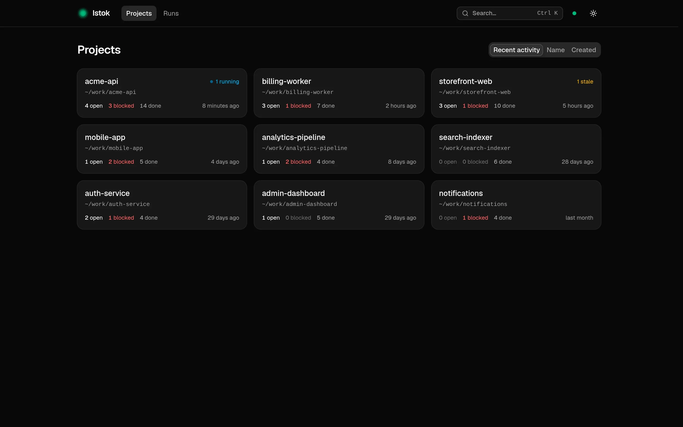 Projects page: nine projects with open, blocked and done task counts, one running and one stale run