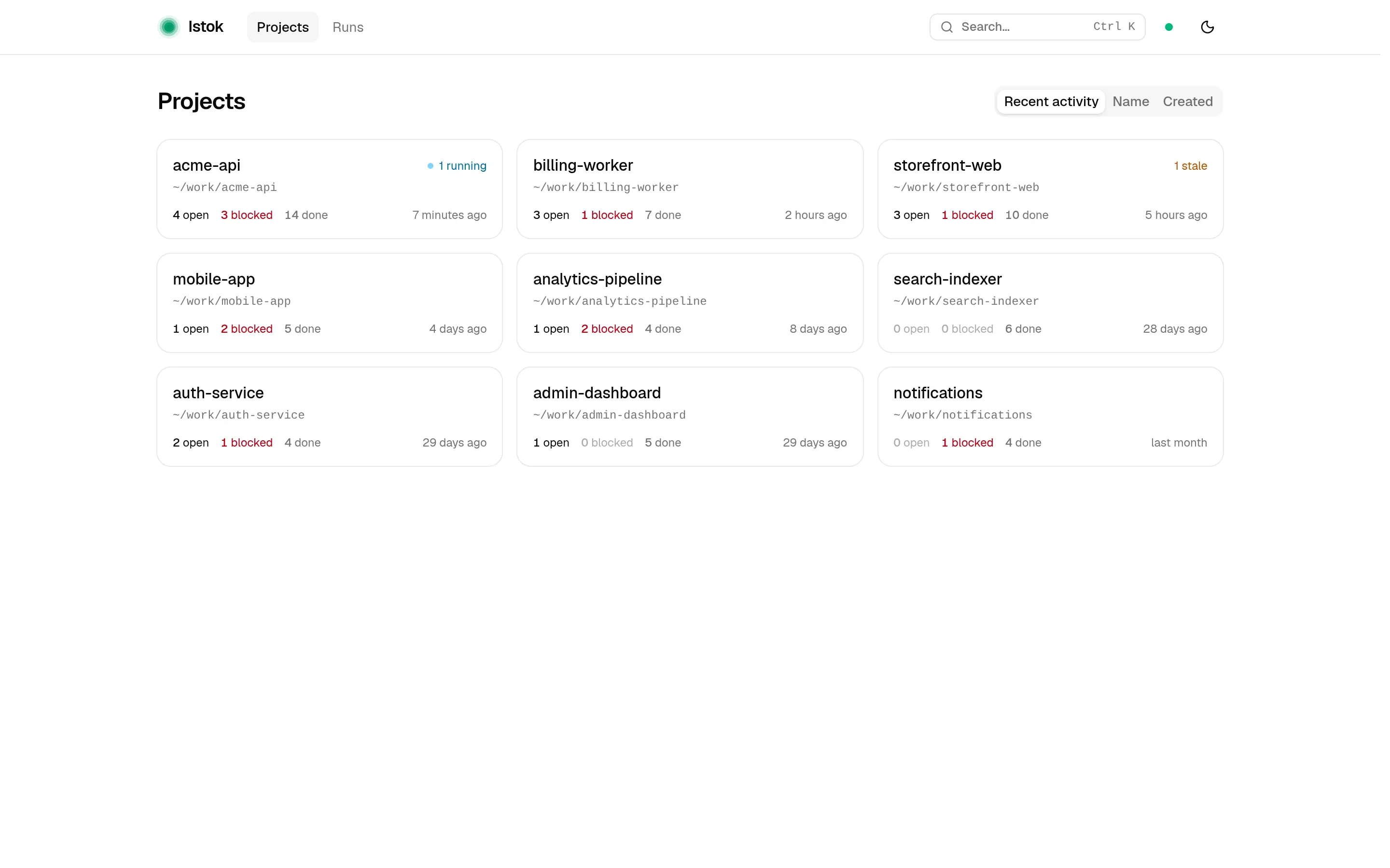 Projects page: nine projects with open, blocked and done task counts, one running and one stale run
