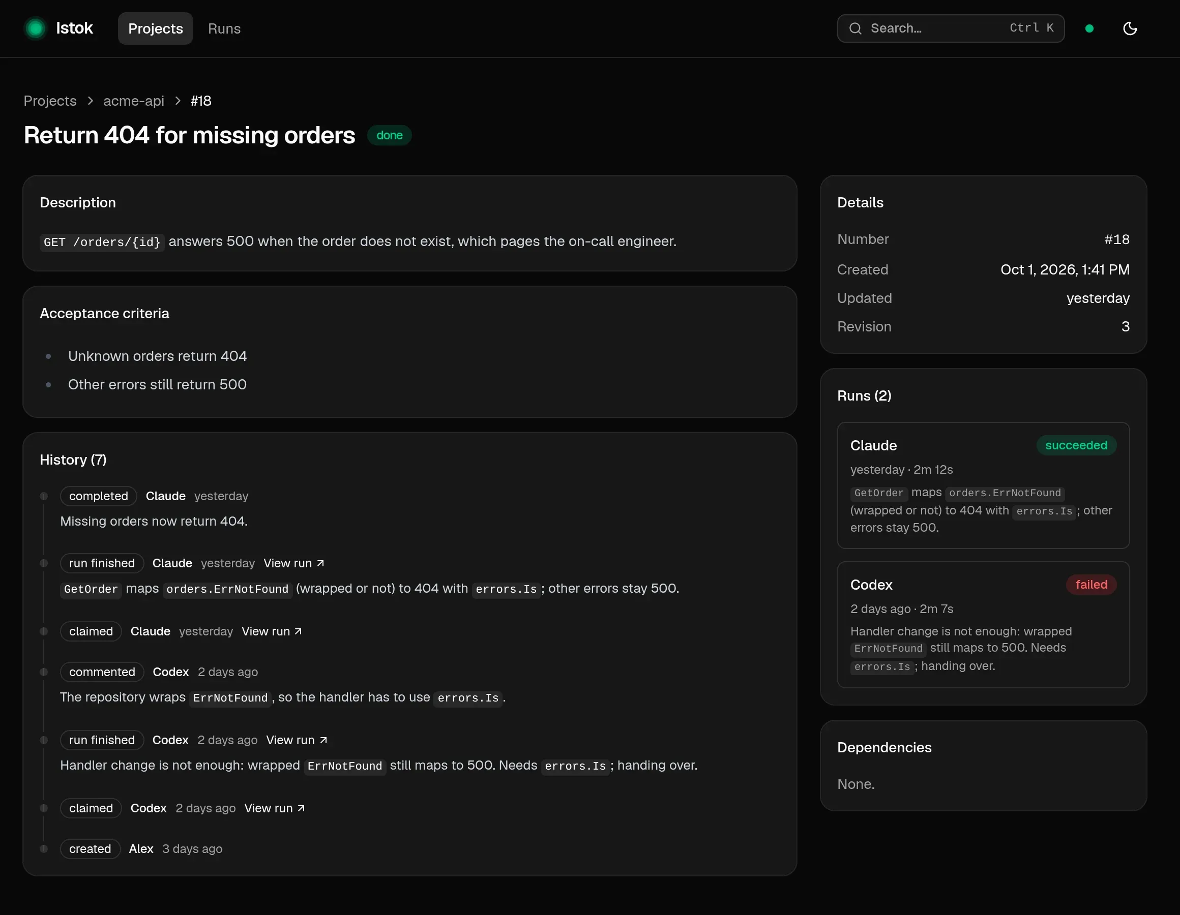 Task page: Codex's run failed and handed over, Claude's run succeeded and completed the task