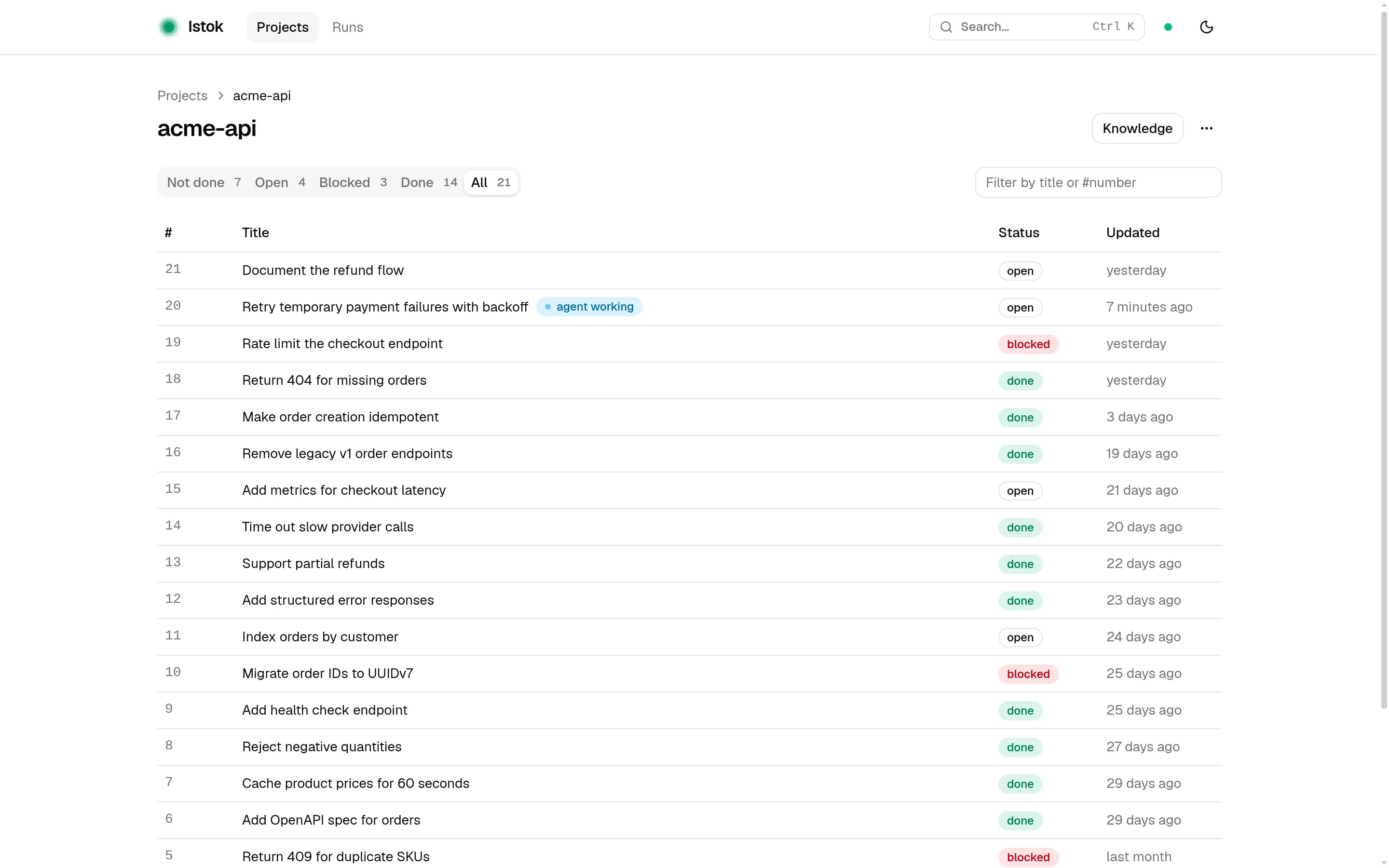 Task list of the acme-api project with statuses and an agent working on task 20
